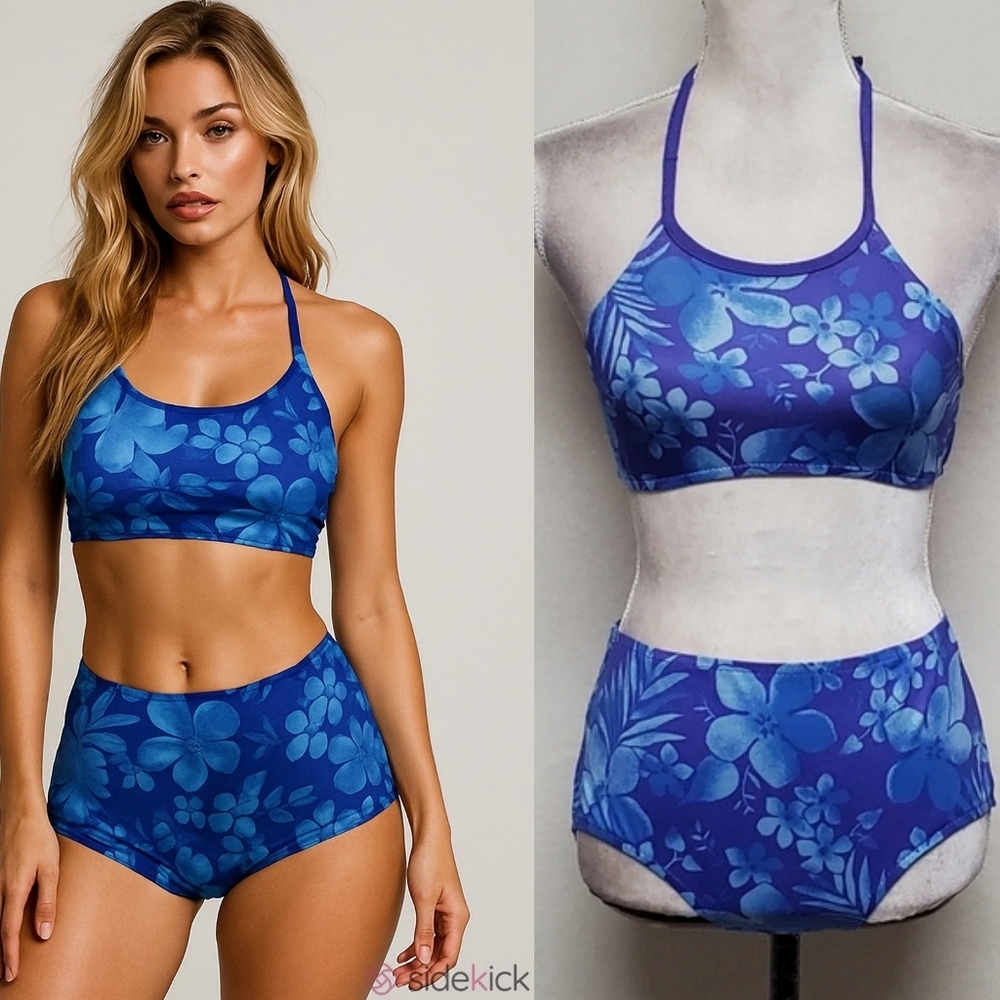 Bermuda Beachwear 80s Vintage Blue Tropical Floral Halter Top Boyshorts Bikini S